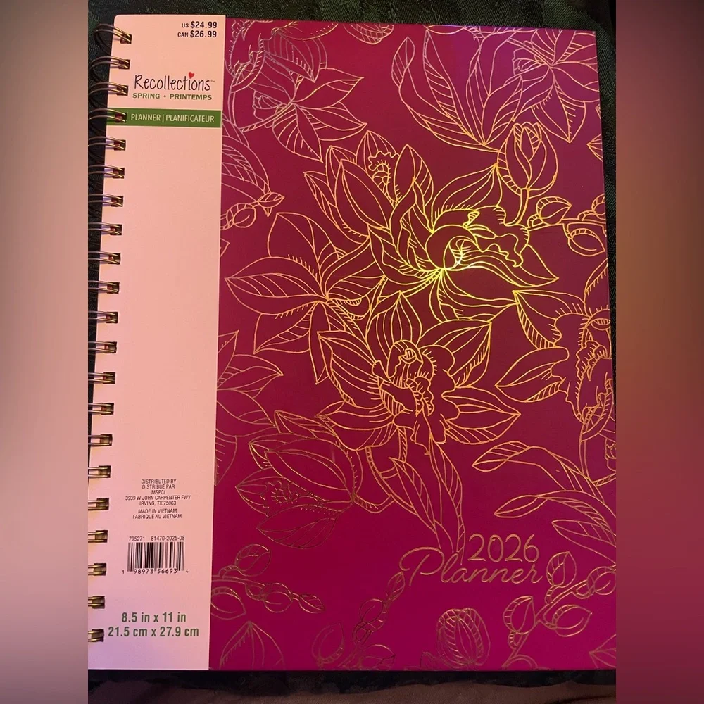Hardcover Large 2026 Organizational Planner, Beautiful Red Gold Foil Floral